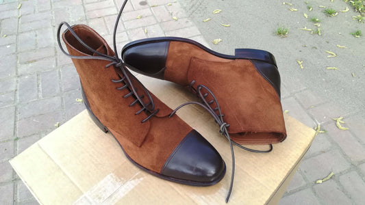 Handmade Men's Brown Leather Suede Cap Toe Lace Up Boots, Men Ankle Boots, Men Fashion Boots