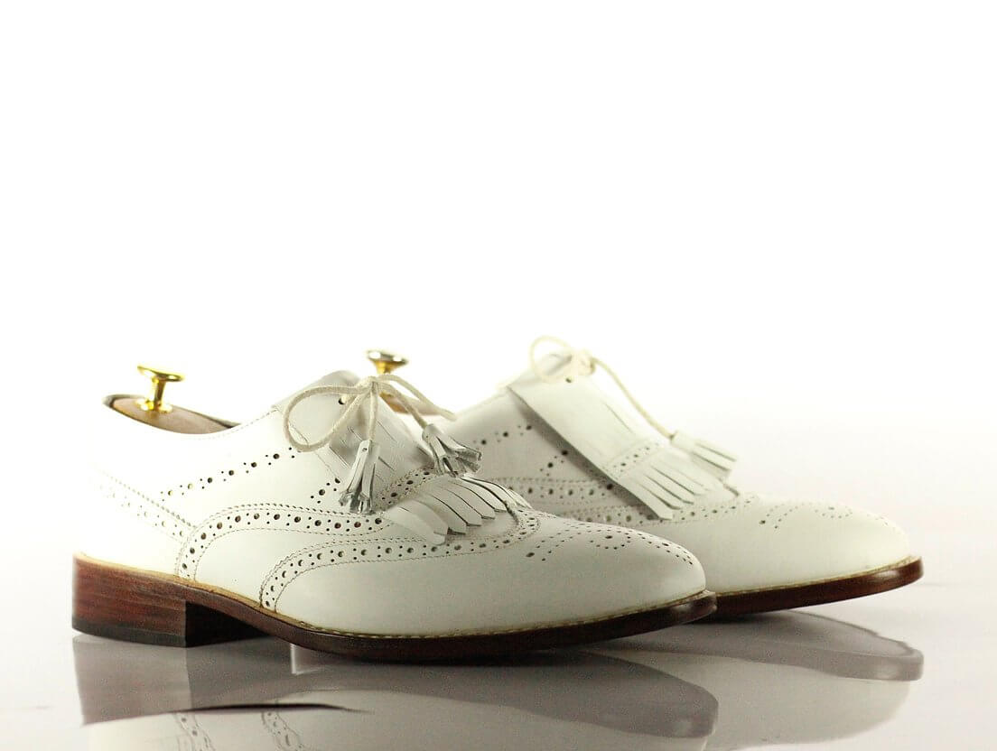 Handmade Men's White Leather Wing Tip Brogue Shoes, Men Fringes Dress Formal Shoes