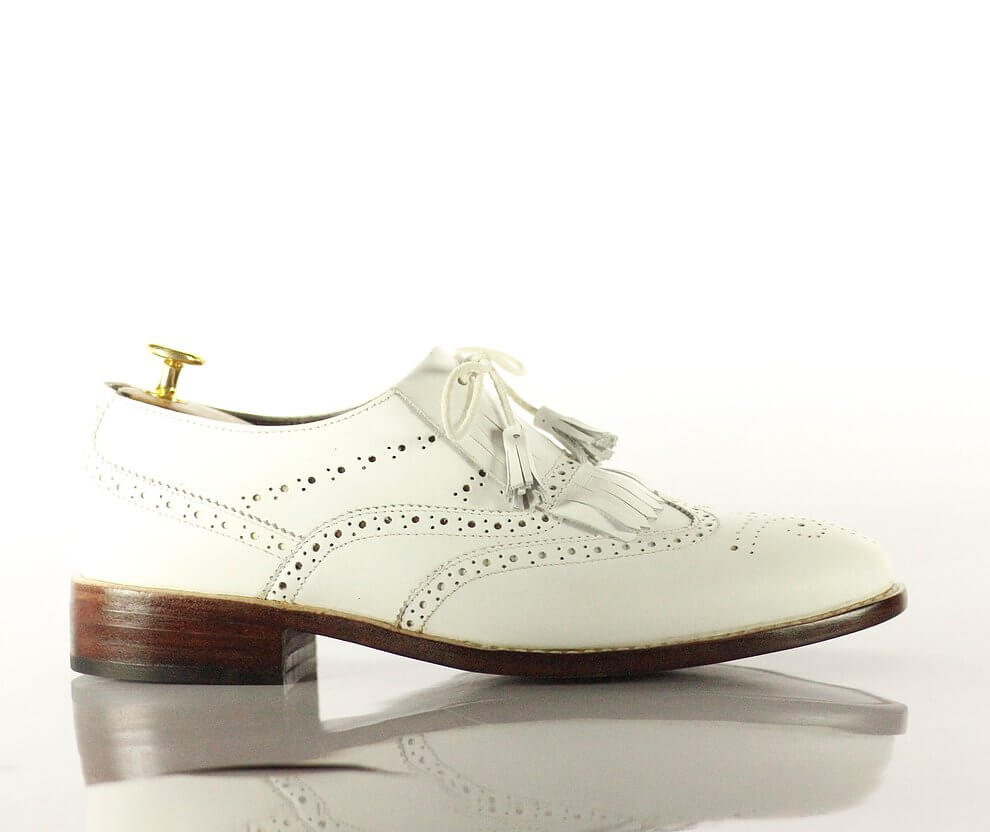 Handmade Men's White Leather Wing Tip Brogue Shoes, Men Fringes Dress Formal Shoes