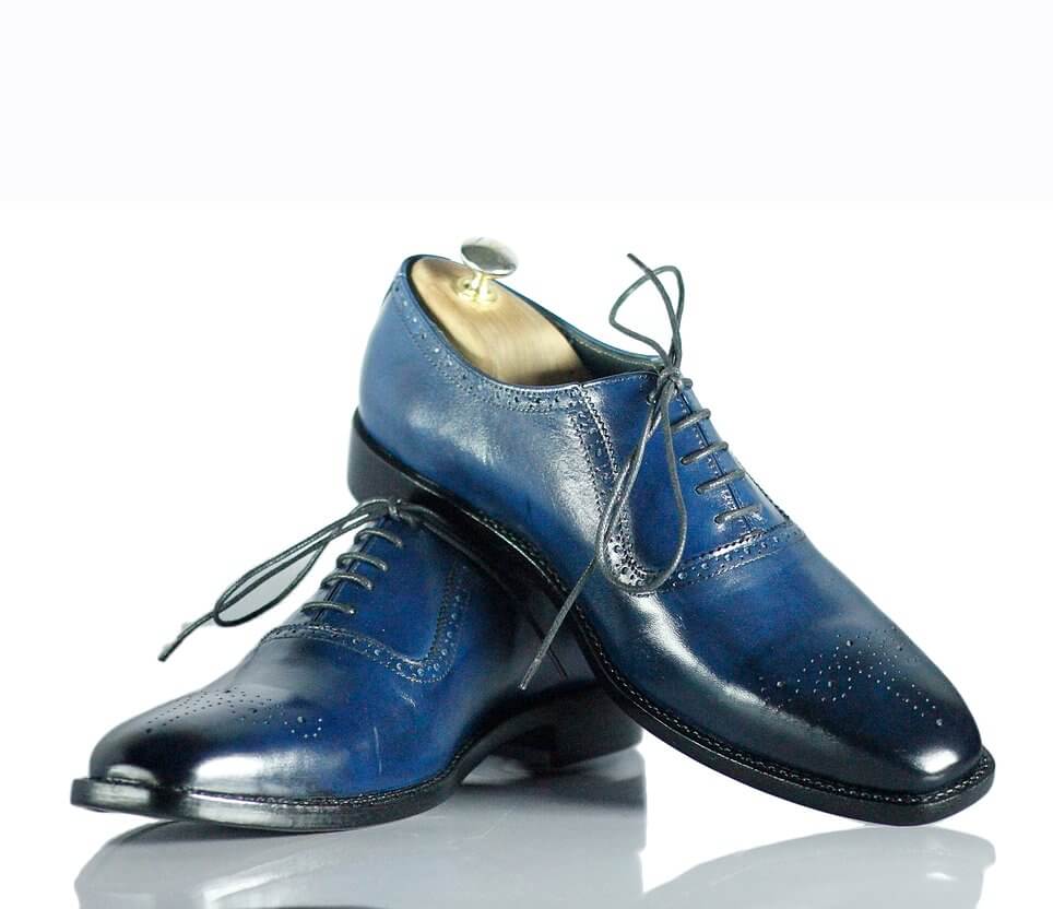 Handmade Men's Navy Blue Leather Brogue Toe Lace Up Shoes, Men Dress Formal Shoes