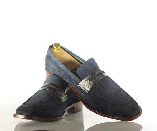 Elegant Handmade Men's Navy Suede Leather Penny Loafers, Men Dress Formal Fashion Shoes