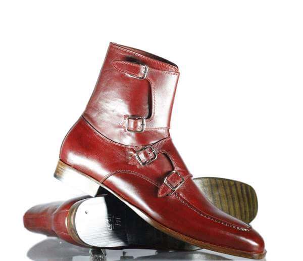 Handmade Men's Burgundy Leather Quad Monk Strap Boots, Men Ankle Boots, Men Fashion Boots