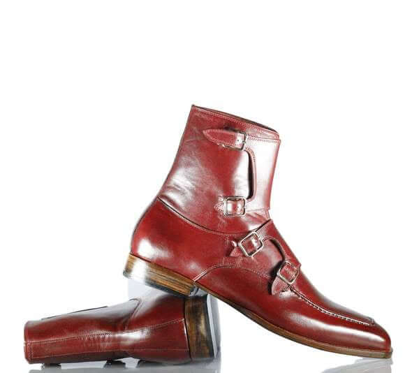 Handmade Men's Burgundy Leather Quad Monk Strap Boots, Men Ankle Boots, Men Fashion Boots