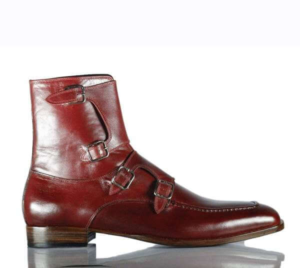 Handmade Men's Burgundy Leather Quad Monk Strap Boots, Men Ankle Boots, Men Fashion Boots