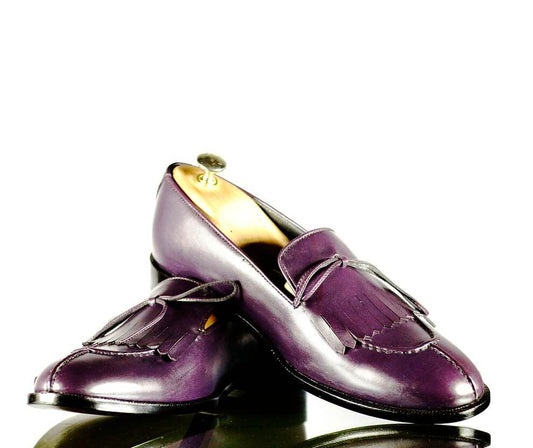 Handmade Men's Purple Leather Split Toe Fringes Loafer Shoes, Men Dress Formal Fashion Shoes