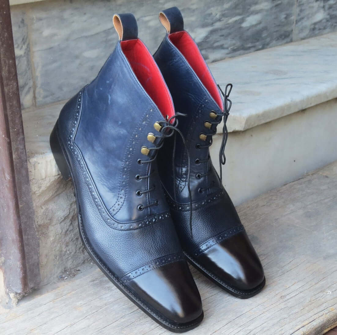 Handmade Men's Blue Black Leather Cap Toe Lace Up Boots, Men Ankle Boots, Men Fashion Boots