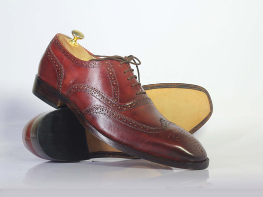 Elegant Handmade Men's Burgundy Leather Wing Tip Brogue Lace Up Shoes, Men Dress Formal Shoes