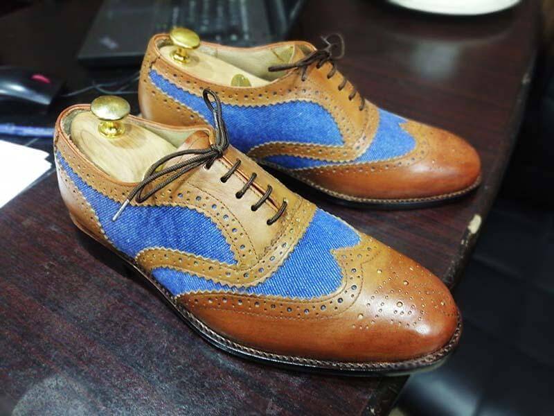 Handmade Men's Brown Blue Leather Denim Wing Tip Brogue Lace Up Shoes, Men Dress Formal Shoes