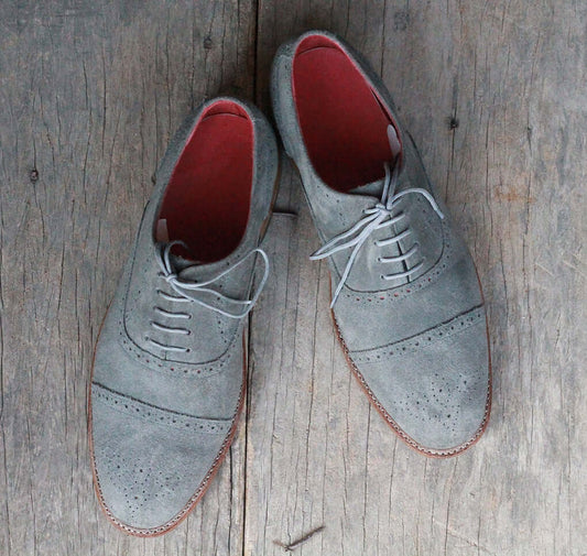 Handmade Men's Gray Suede Cap Toe Brogue Lace Up Shoes, Men Dress Formal Shoes