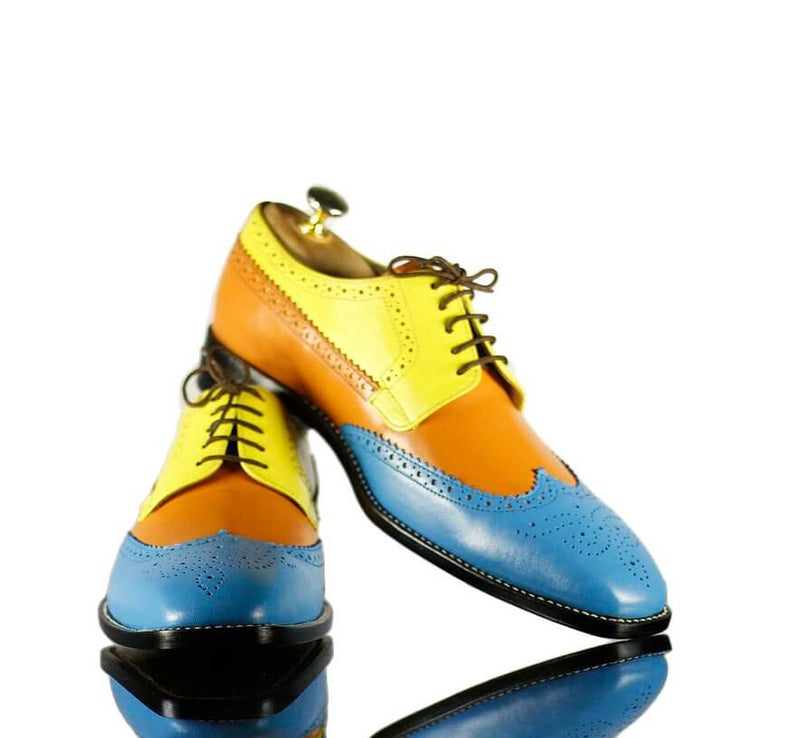 Stylish Handmade Men's Multicolor Leather Wing Tip Brogue Lace Up Shoes, Men Dress Formal Shoes