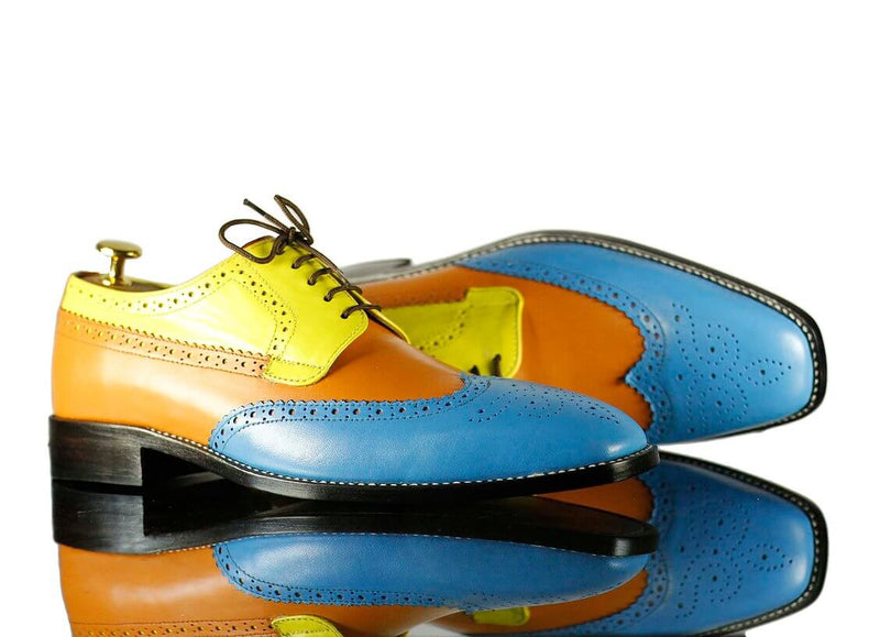 Stylish Handmade Men's Multicolor Leather Wing Tip Brogue Lace Up Shoes, Men Dress Formal Shoes