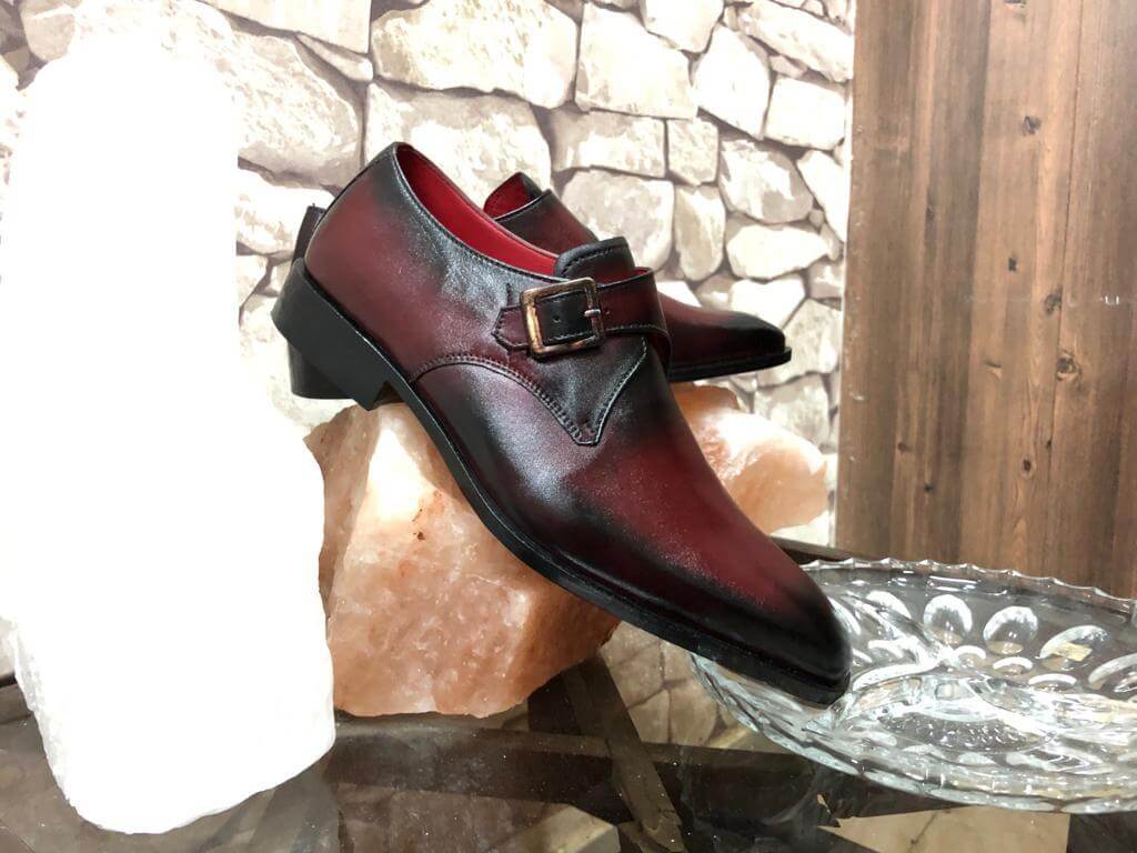 Stylish Handmade Men's Burgundy Leather Monk Strap Shoes, Men Dress Formal Fashion Shoes