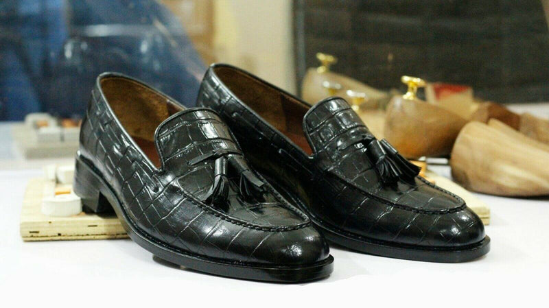 New Handmade Men's Black Alligator Textured Leather Tassel Loafer Shoes, Men Dress Formal Shoes