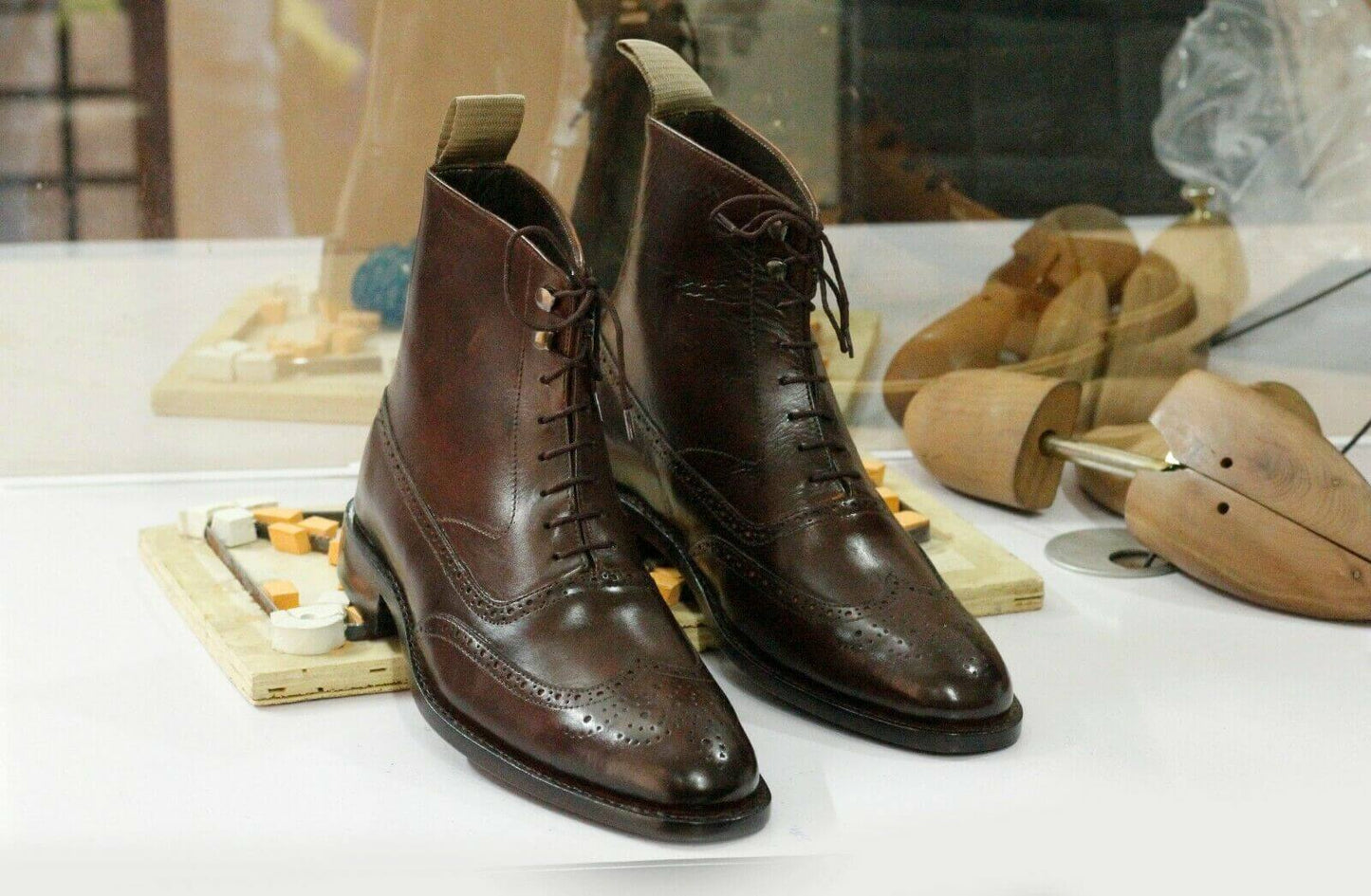 Handmade Men's Brown Leather Wing Tip Brogue Lace Up Boots, Men Ankle Boots, Men Fashion Boots