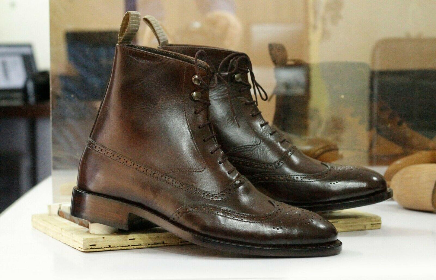 Handmade Men's Brown Leather Wing Tip Brogue Lace Up Boots, Men Ankle Boots, Men Fashion Boots