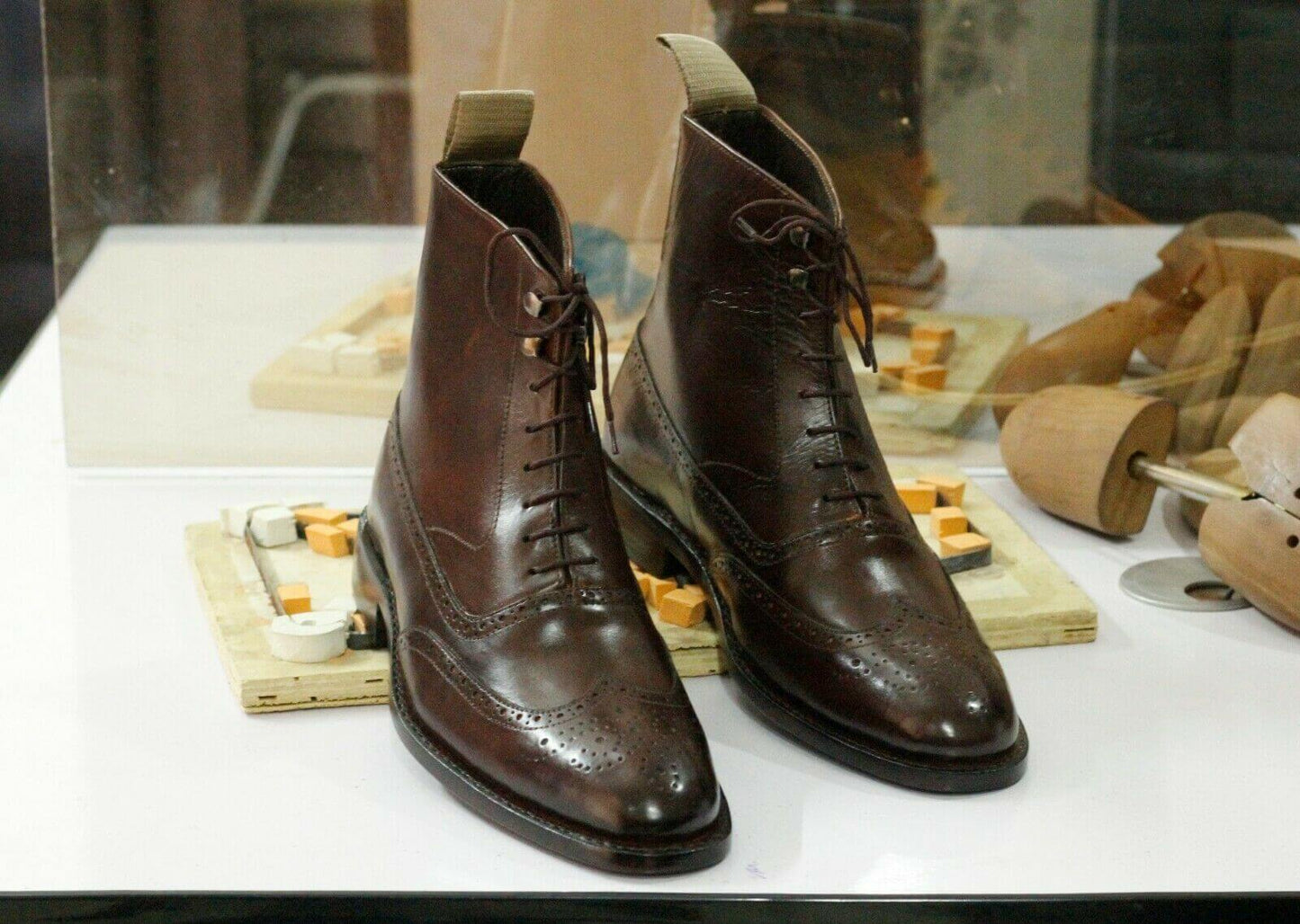 Handmade Men's Brown Leather Wing Tip Brogue Lace Up Boots, Men Ankle Boots, Men Fashion Boots