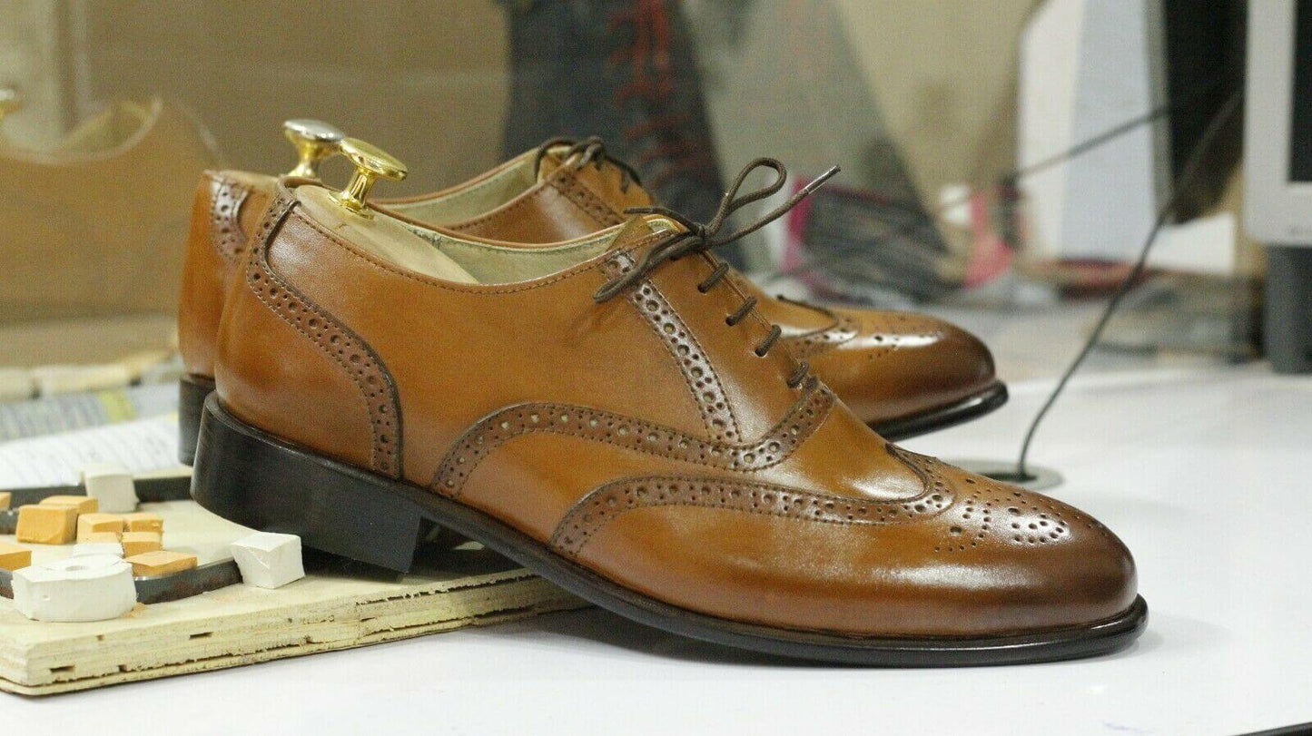 New Handmade Men's Tan Leather Wing Tip Brogue Lace Up Shoes, Men Dress Formal Shoes