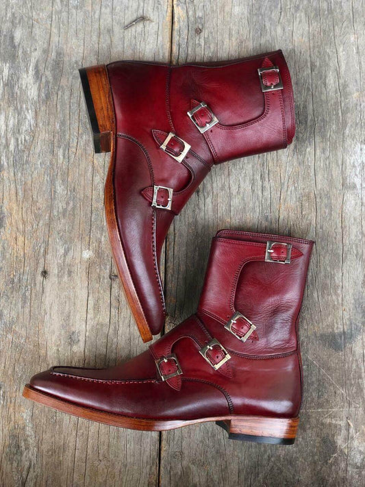 New Handmade Men's Burgundy Leather Buckles Boots, Men Ankle Boots, Men Fashion Boots