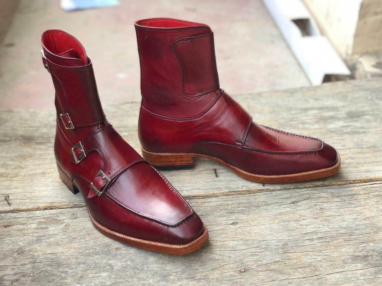 New Handmade Men's Burgundy Leather Buckles Boots, Men Ankle Boots, Men Fashion Boots