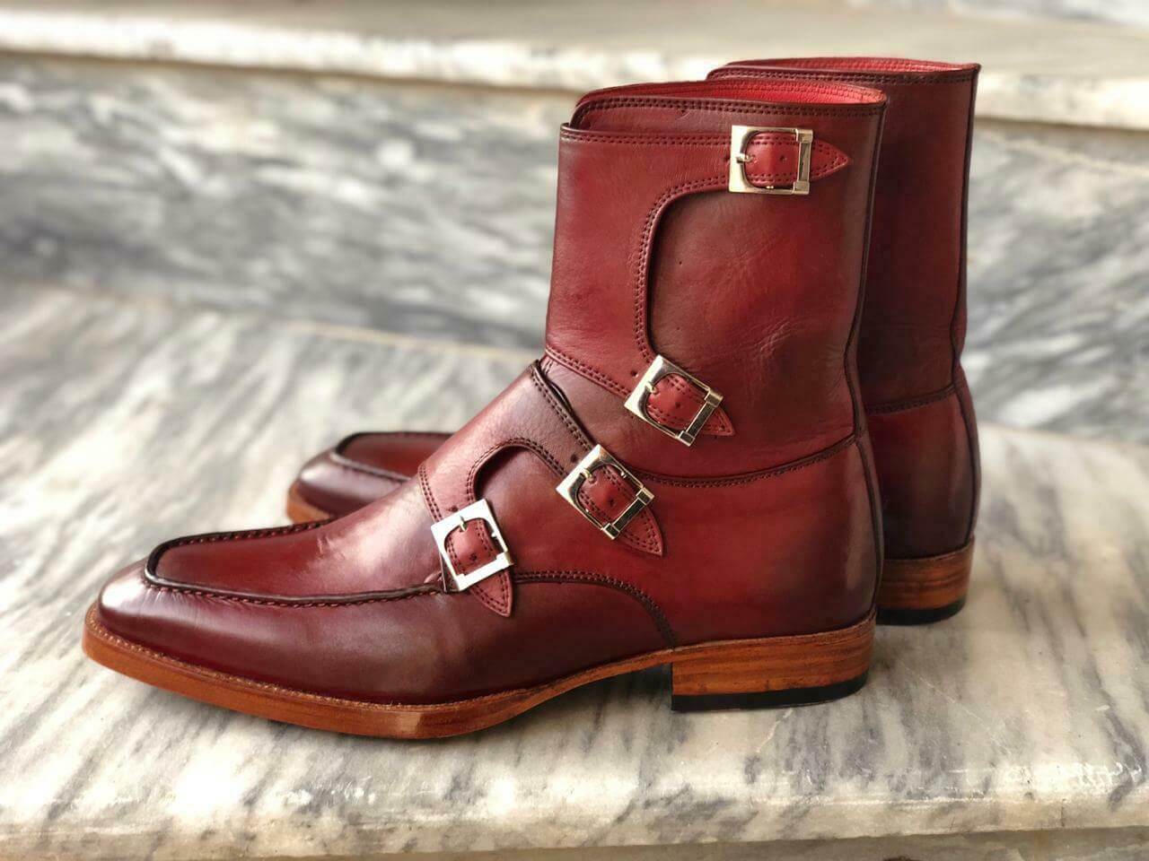 New Handmade Men's Burgundy Leather Buckles Boots, Men Ankle Boots, Men Fashion Boots