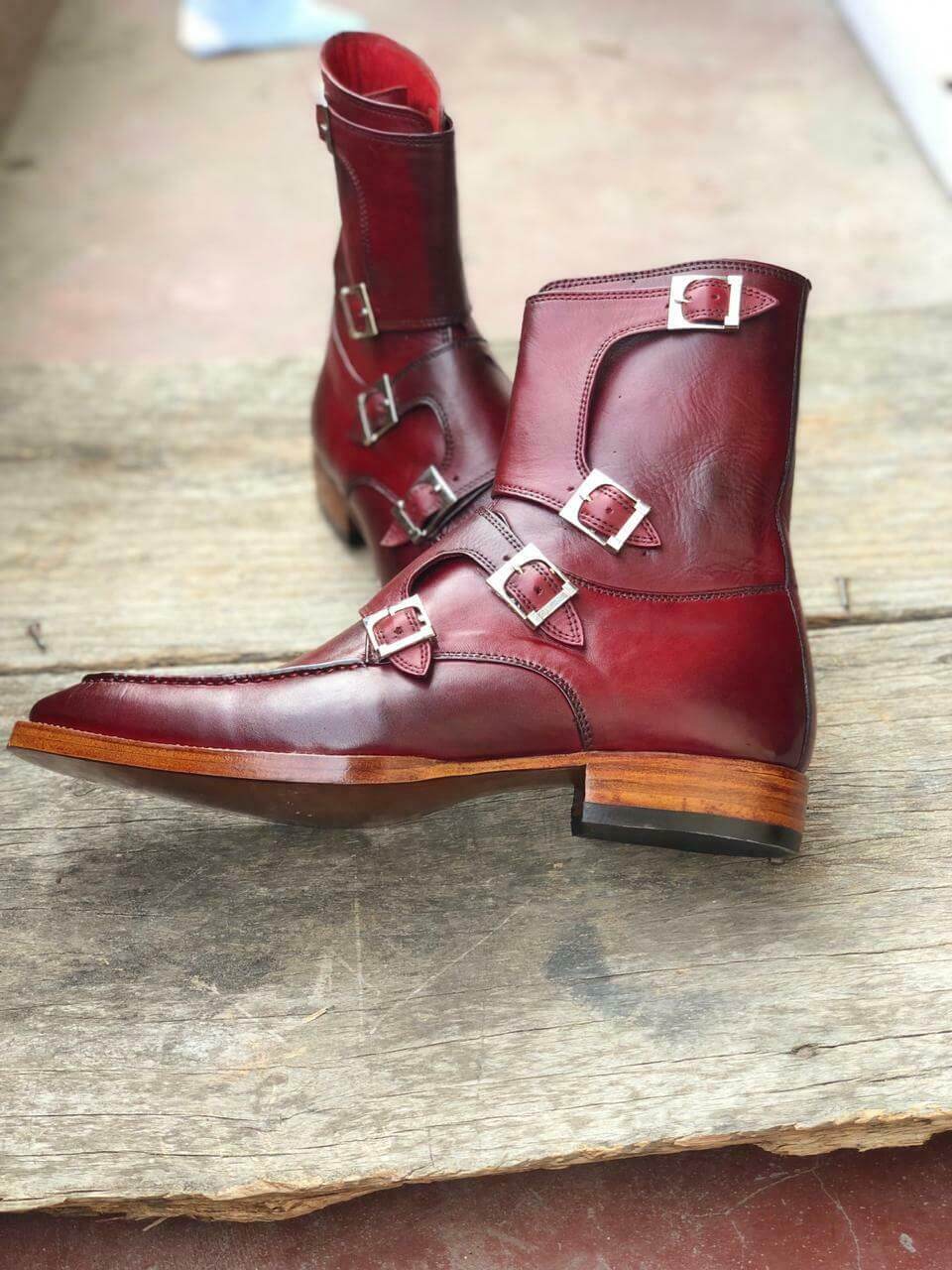 New Handmade Men's Burgundy Leather Buckles Boots, Men Ankle Boots, Men Fashion Boots