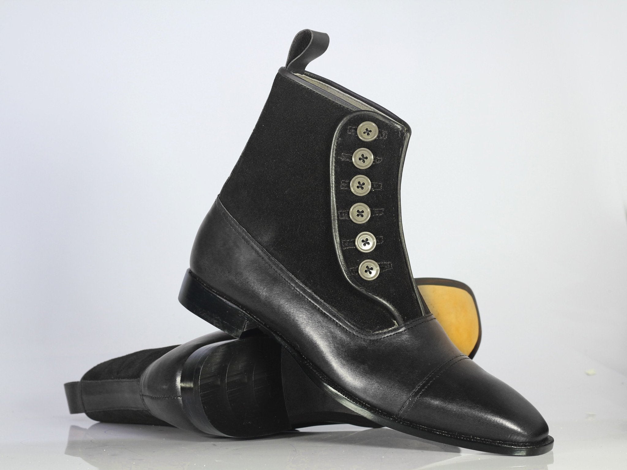 Handmade Men's Black Patent Leather Blue Suede Button Boots, Men