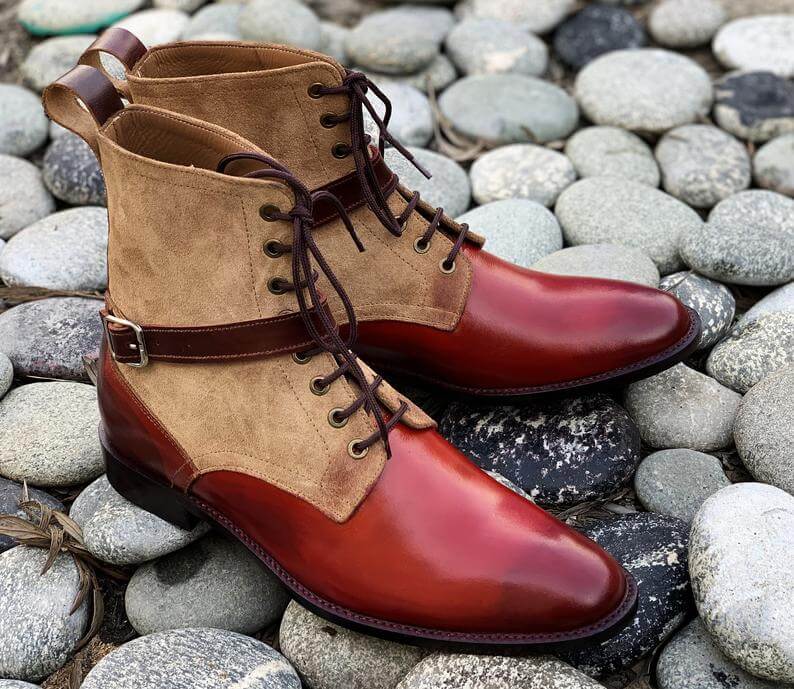 Beautiful Handmade Men's Burgundy Leather beige Suede Ankle High Boots, Men Fashion Boots