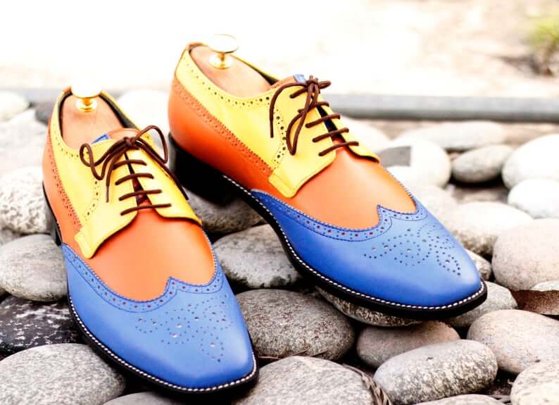 Elegant Handmade Men's Multi-Color Leather Wing Tip Brogue Shoes, Men's Dress Lace Up Shoes