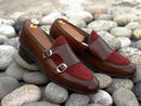 Awesome Handmade Men's Leather Suede Brown & Burgundy Double Monk Slip On Loafers