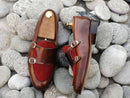 Awesome Handmade Men's Leather Suede Brown & Burgundy Double Monk Slip On Loafers