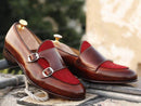 Awesome Handmade Men's Leather Suede Brown & Burgundy Double Monk Slip On Loafers