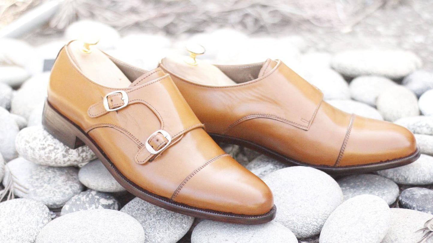 Stylish Handmade Men's Leather Tan Color Double Monk Strap Shoes, Men Dress Formal Cap Toe Shoes