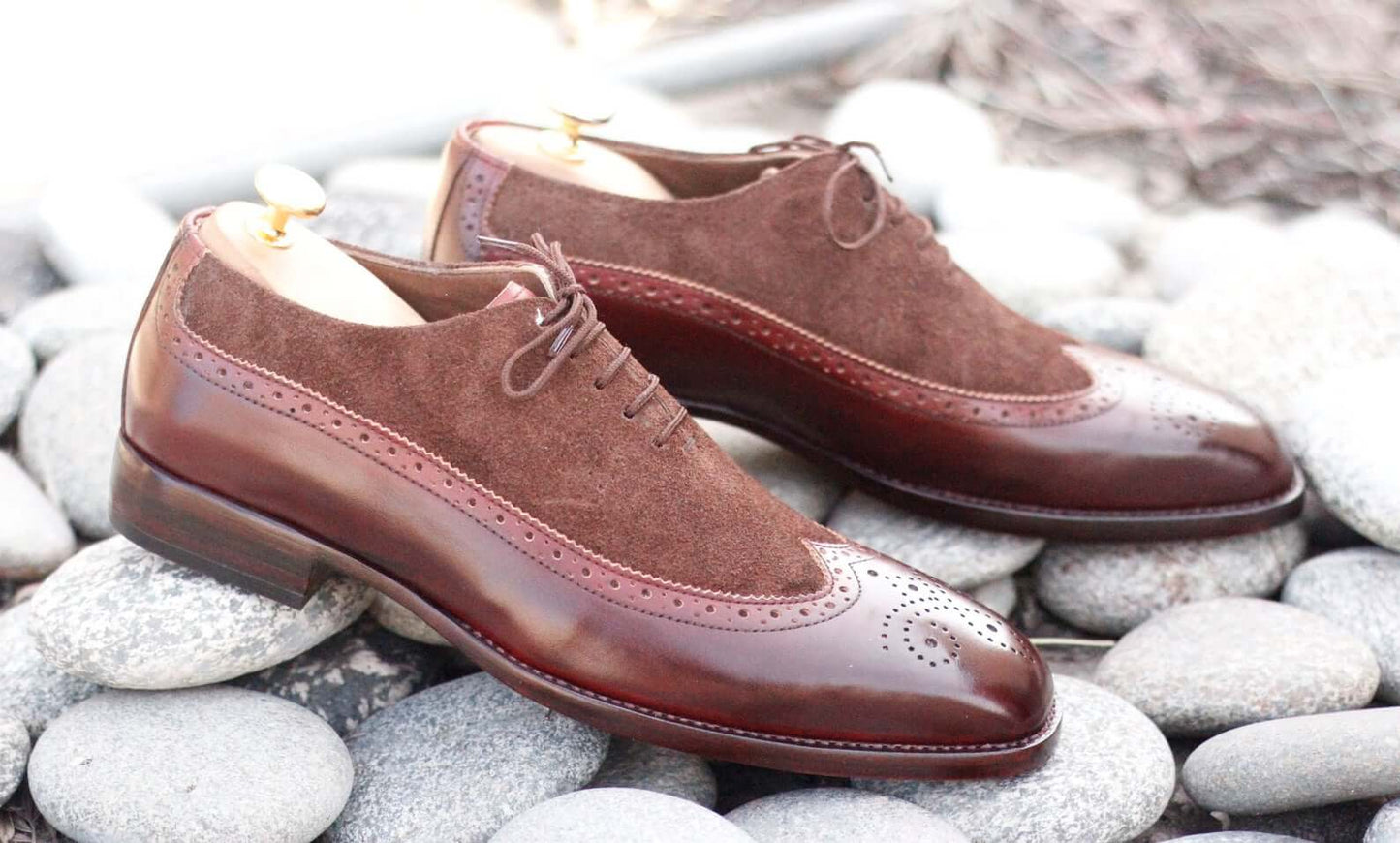 Elegant Handmade Men's Brown Leather Suede Wing Tip Brogue Shoes, Men Dress Formal Lace Up Shoes