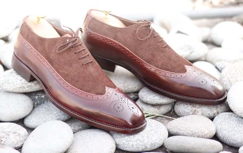 Elegant Handmade Men's Brown Leather Suede Wing Tip Brogue Shoes, Men Dress Formal Lace Up Shoes