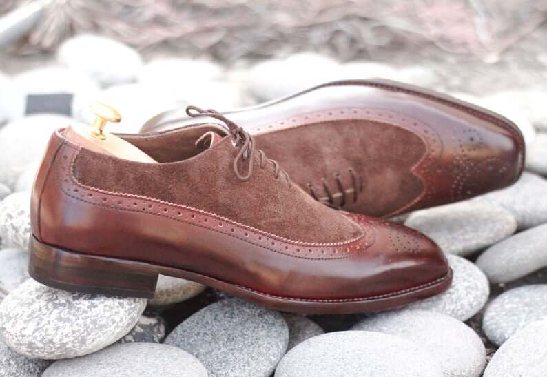 Elegant Handmade Men's Brown Leather Suede Wing Tip Brogue Shoes, Men Dress Formal Lace Up Shoes