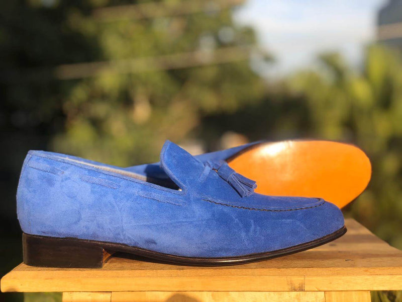 Handmade Men's Blue Suede Tassel Loafer, Men Dress Formal Shoes