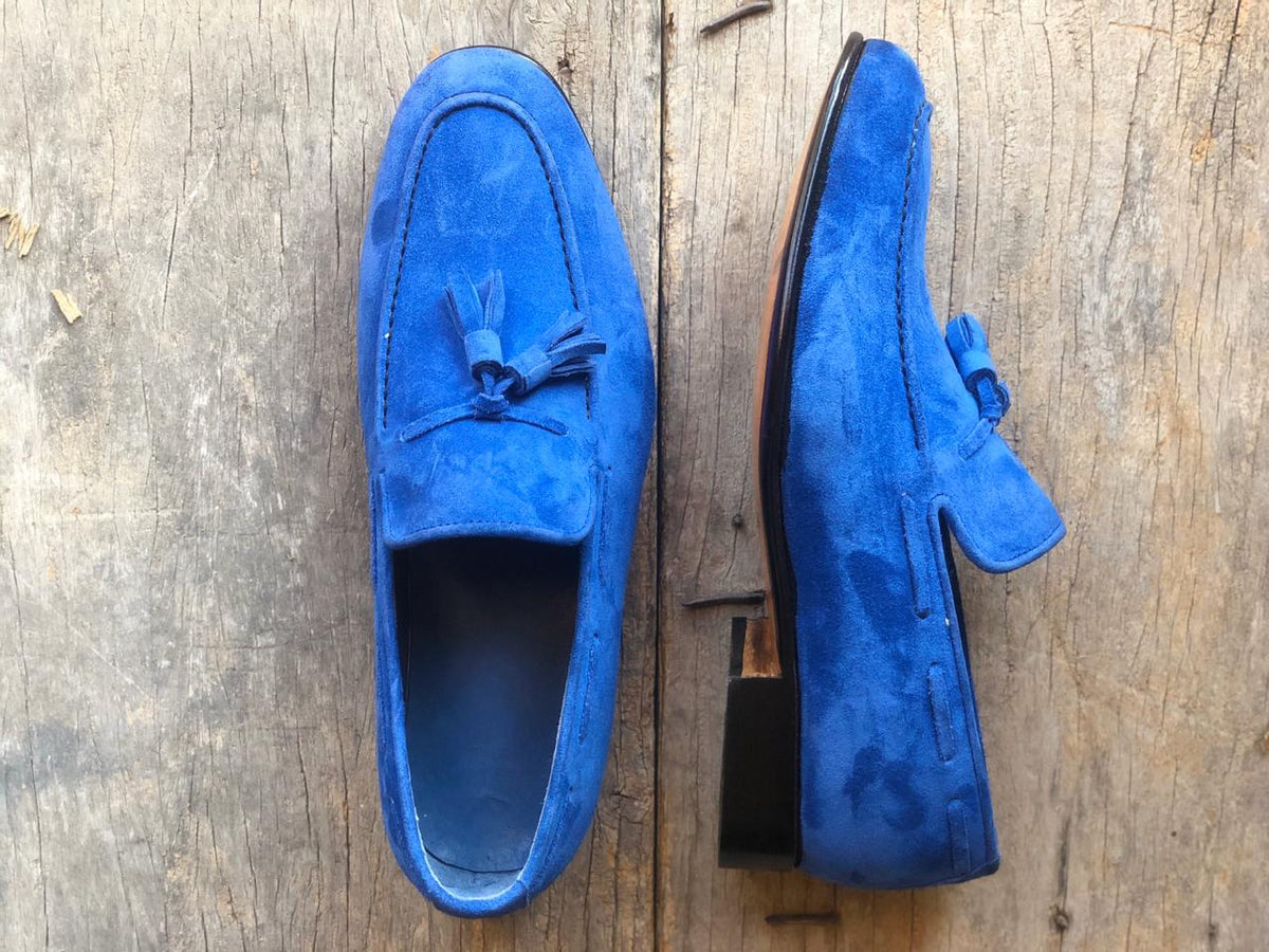 Handmade Men's Blue Suede Tassel Loafer, Men Dress Formal Shoes ...