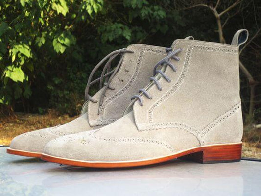 Handmade Men’s Ankle High Suede Lace Up Boots, Men’s Gray Color Wing Tip Brogue Boots - theleathersouq