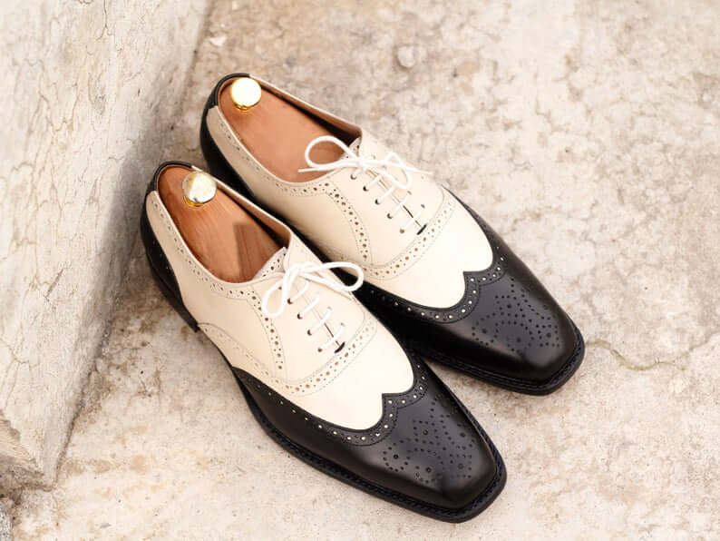 Stylish Handmade Men's Black Off-White Leather Wing Tip Brogue Shoes, Men Dress Formal Lace Up Shoes