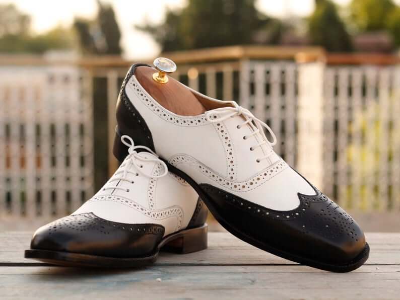 Stylish Handmade Men's Black Off-White Leather Wing Tip Brogue Shoes, Men Dress Formal Lace Up Shoes