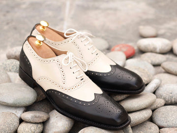 Stylish Handmade Men's Black Off-White Leather Wing Tip Brogue Shoes, Men Dress Formal Lace Up Shoes