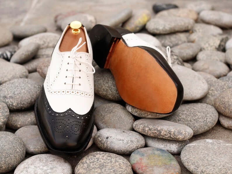 Stylish Handmade Men's Black Off-White Leather Wing Tip Brogue Shoes, Men Dress Formal Lace Up Shoes