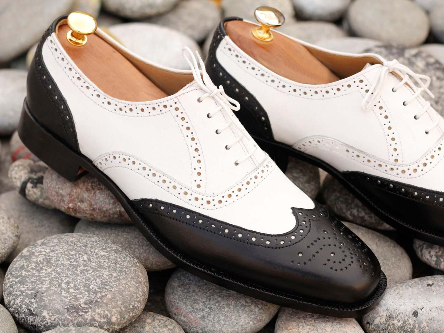 Stylish Handmade Men's Black Off-White Leather Wing Tip Brogue Shoes, Men Dress Formal Lace Up Shoes