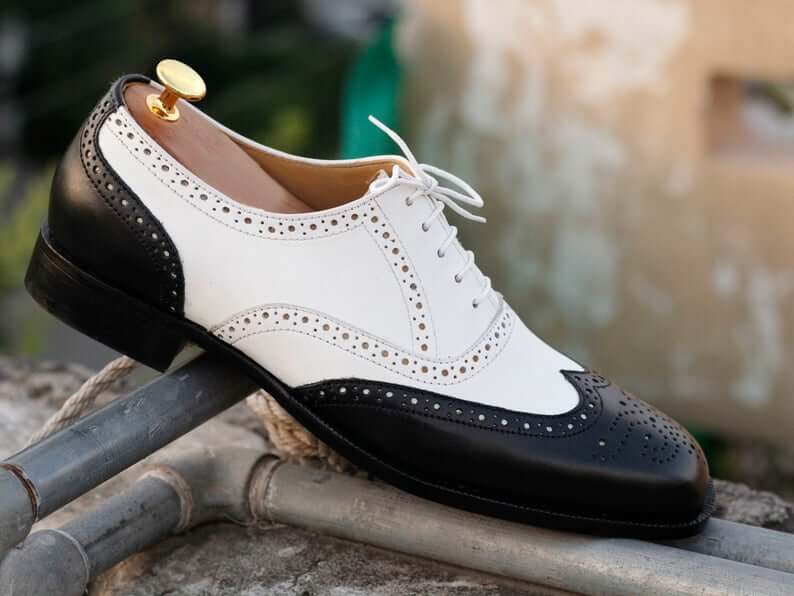 Stylish Handmade Men's Black Off-White Leather Wing Tip Brogue Shoes, Men Dress Formal Lace Up Shoes