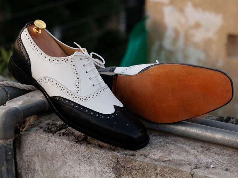 Stylish Handmade Men's Black Off-White Leather Wing Tip Brogue Shoes, Men Dress Formal Lace Up Shoes