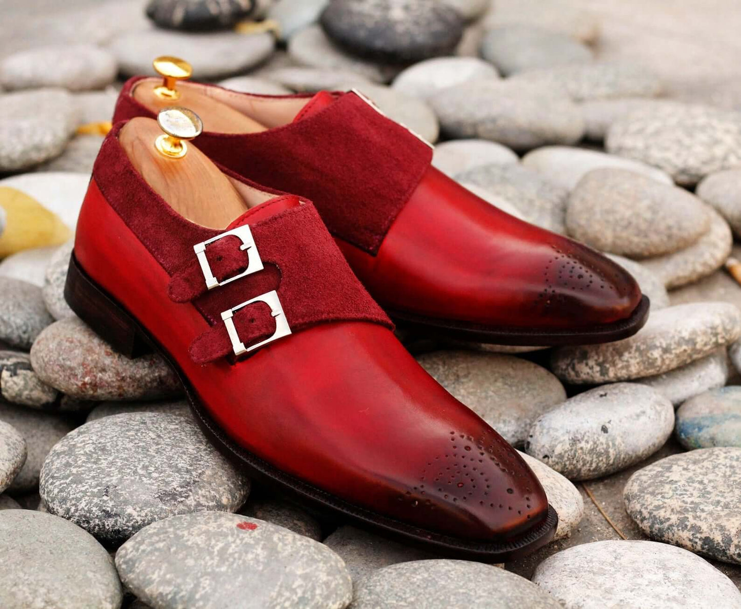 Awesome Handmade Pure Leather & Suede Burgundy Color Double Monk Strap Brogue Toe Shoes, Men Dress Formal Shoes