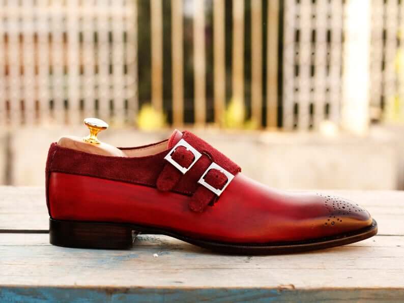 Awesome Handmade Pure Leather & Suede Burgundy Color Double Monk Strap Brogue Toe Shoes, Men Dress Formal Shoes