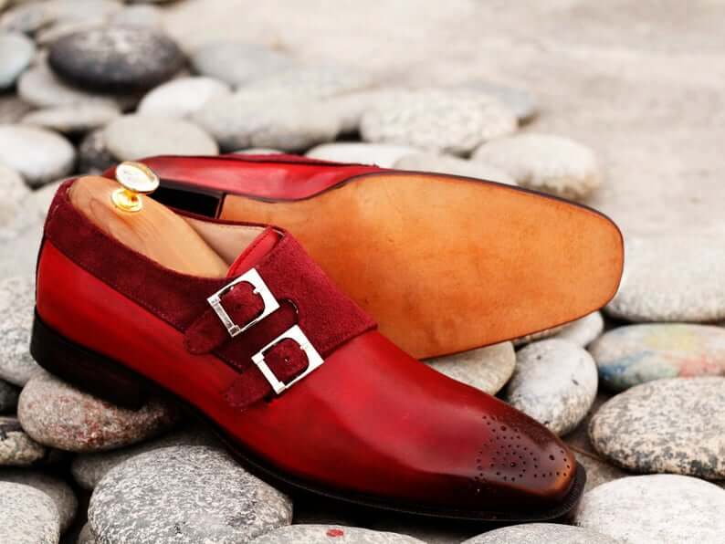 Awesome Handmade Pure Leather & Suede Burgundy Color Double Monk Strap Brogue Toe Shoes, Men Dress Formal Shoes