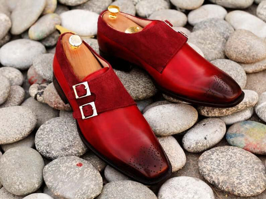 Awesome Handmade Pure Leather & Suede Burgundy Color Double Monk Strap Brogue Toe Shoes, Men Dress Formal Shoes