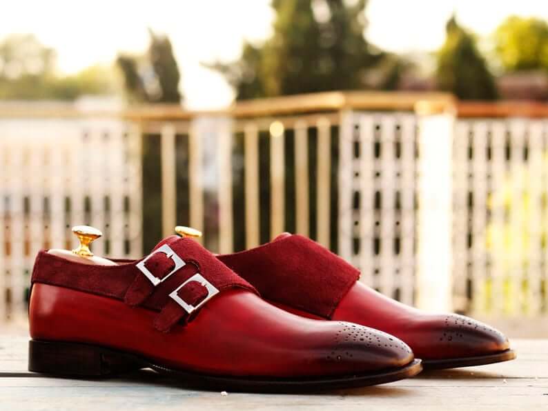 Awesome Handmade Pure Leather & Suede Burgundy Color Double Monk Strap Brogue Toe Shoes, Men Dress Formal Shoes